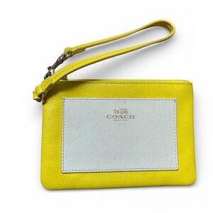 Coach Yellow Pebbled Leather Wristlet Pouch with White Pocket Gold Logo